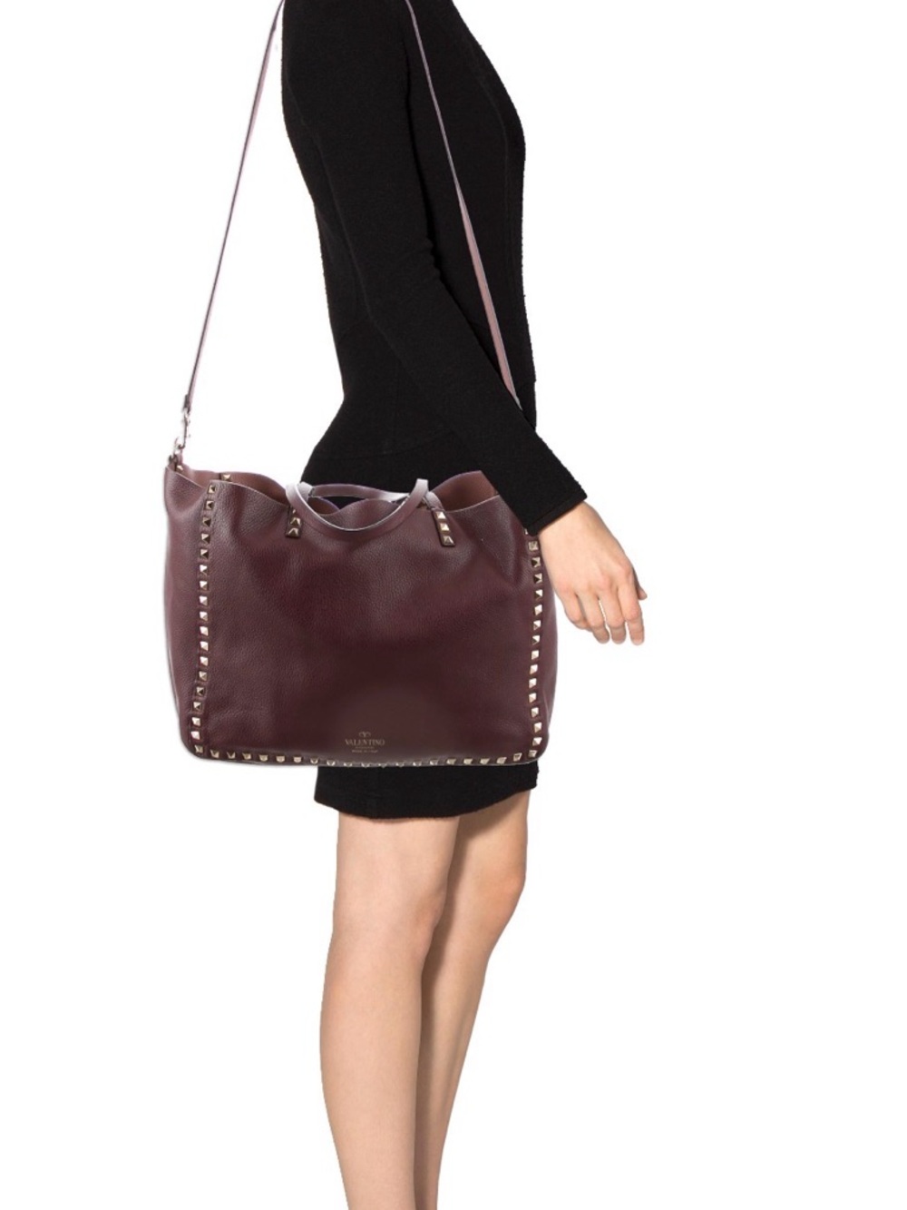 Valentino Garavani Burgundy Leather Rockstud Tote - Picture 6 of 8